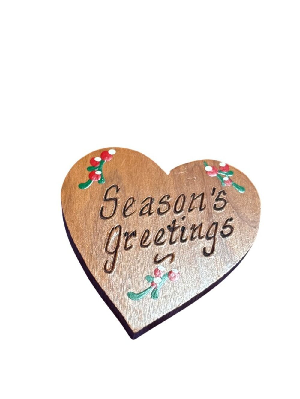 Vintage Wooden Heart Brooch Pin Season's Greetings Holly 2 inches